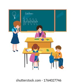 Children In Classroom. Hard Lesson. Normal Situation From Childhood. Group Communication. Teenager Behavior Concept. Vector Illustration In Flat Cartoon Style Isolated On White Background