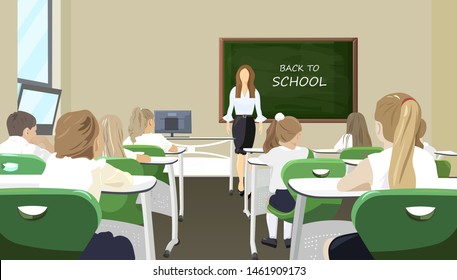 Children in the classroom listenning to the lesson Vector flat style