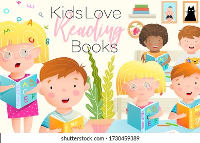 Children in the classroom reading book funny and colorful background design. Kids love reading books sign. Schooling studying and learning banner design. Education concept. Vector cartoon.