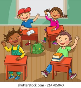 Children in classroom. School activities. Back to School isolated objects on white background. Great illustration for a school books and more. VECTOR.