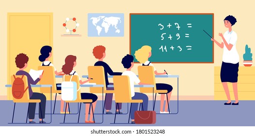 Children in classroom. School teacher, boy girl on lesson in room. Math teaching, science and environment education vector illustration