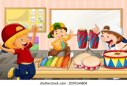Niños en el aula con diversos instrumentos musicales