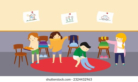Children in classroom vector illustration. Flat design of children doing homework.