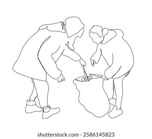 Children clean up garbage. Girls and boy with garbage bag collect plastic bottles in black bag. Caring for ecology and environment  Linear vector illustration. Hand made vector not AI.