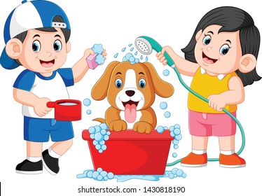 the children are clean his dog with the soap and water in the pail