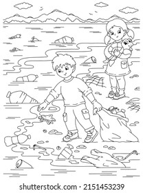 Children clean up the ocean coast from garbage. The problem of ecology. Ocean plastic pollution. Coloring book page for kids. Cartoon style character. Vector illustration isolated on white background.