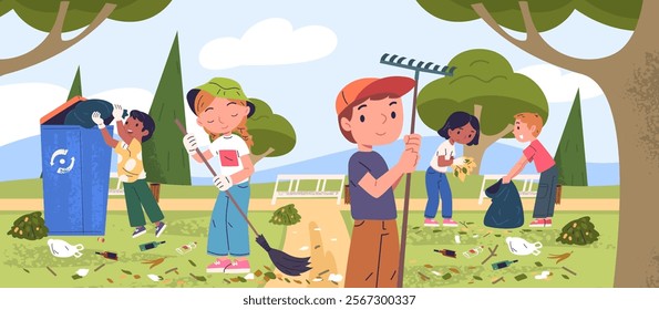 Children clean up park. School kids volunteers cleaning city garden outdoor, child collect litter in trash bag cleanup garbage eco environment protection classy vector illustration original artwork