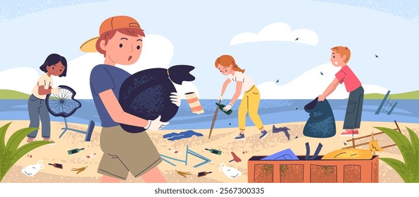 Children cleaning beach. Kids volunteers clean up seaside, school group collect sorting plastic waste in trash bag cleanup sea river coast from garbage, classy vector illustration original artwork