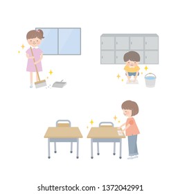 children is cleaning in classroom