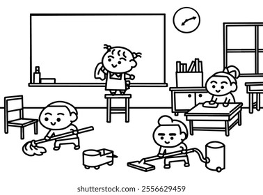 Children cleaning classroom coloring pages style.