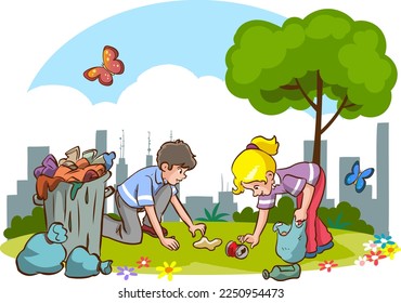 children cleaning the environment from garbage cartoon vector