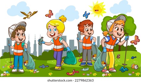 niños limpiando el medio ambiente del vector de caricatura de basura