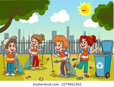 children cleaning the environment from garbage cartoon vector