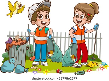 niños limpiando el medio ambiente del vector de caricatura de basura