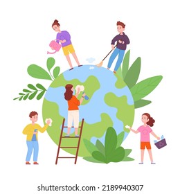 Children cleaning globe. Preschool volunteers clean earth, kid planet care ecosystem world day save global environment, students cleaning-up pollution ecology, vector illustration