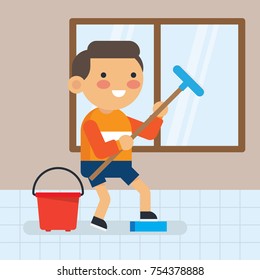 Children cleaning the house. Children doing house-core activities. Stay clean and healthy - education poster for children series.