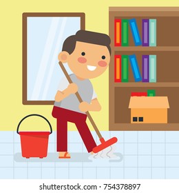 Children cleaning the house. Children doing house-core activities. Stay clean and healthy - education poster for children series.