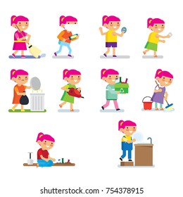 Children cleaning the house. Children doing house-core activities. Stay clean and healthy - education poster for children series.