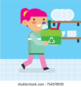 Children cleaning the house. Children doing house-core activities. Stay clean and healthy - education poster for children series.
