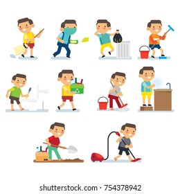 Children cleaning the house. Children doing house-core activities. Stay clean and healthy - education poster for children series.