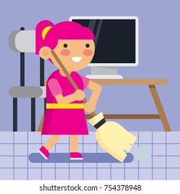 Children cleaning the house. Children doing house-core activities. Stay clean and healthy - education poster for children series.