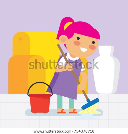 Children cleaning the house. Children doing house-core activities. Stay clean and healthy - education poster for children series.