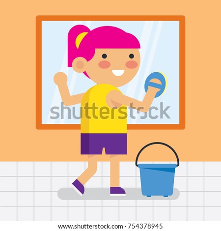 Children cleaning the house. Children doing house-core activities. Stay clean and healthy - education poster for children series.