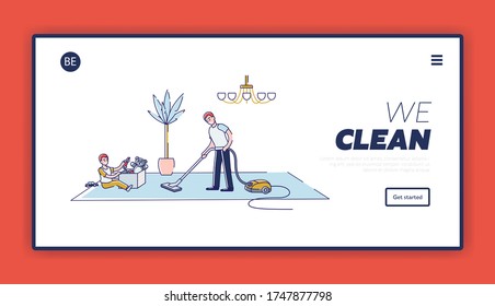 Children cleaning house help parents, modern family website landing page design. Parenting, housework and household concept. Template linear vector illustration