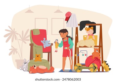 Children Cleaning A Messy Room Filled With Toys, Clothes, And Various Items. Kids Organizing And Tidying Up The Space Together. Cartoon Vector Concept Of Responsibility, Teamwork, And Household Chores