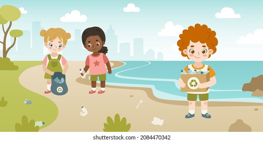 Children Cleaning On Sea Coast. Volunteer Kids Collect Plastic Waste To Recycling On The Beach. 