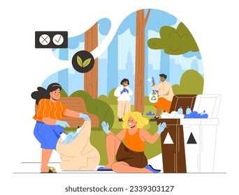 Aparcamiento para niños. Hombres y mujeres recogen basura del suelo. El cuidado de la naturaleza y el medio ambiente. Activistas y voluntarios en un parque público. Dibujo vectorial plano de dibujos animados