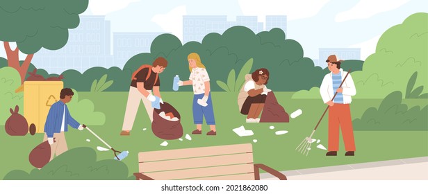Children cleaning park from garbage. Group of kids picking and raking plastic litter and collecting it into trash bags. Team of eco volunteers during environment cleanup. Flat vector illustration