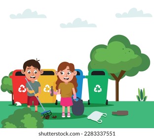 Children cleaning park from garbage. Group of kids picking and raking plastic litter and collecting it into trash bags. Team of eco volunteers during environment cleanup. Flat vector illustration.