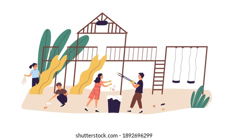 Children Cleaning Playground By Collecting Garbage Into Trash Can. Kids Eco Volunteers Picking Up Litter. Children Care About Nature. Colored Flat Vector Illustration Isolated On White Background