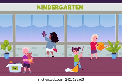 Children cleaning the playroom in kindergarten. Teaching independence and maintaining order, self-care skills for children concept, flat cartoon vector illustration.