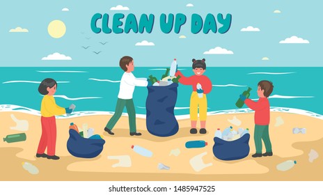 Children cleaning up sea beach with hand drawn lettering. Vector illustration