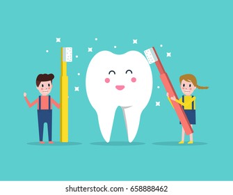 Children cleaning teeth together.  flat character design. vector illustration