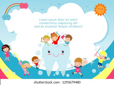 Children Cleaning Teeth With Toothbrush, Template For Advertising Brochure, Your Text, Kid And Frame, Background Illustration