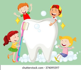 Children cleaning tooth with toothbrush illustration