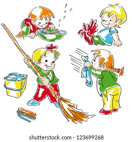 Children cleans in the house.