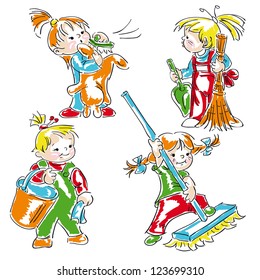 Children cleans in the house.