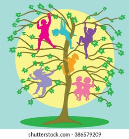 children climb on the branches of a tree spring background multicolored abstract drawing vector