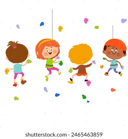 Children climbing bouldering rock wall at the sports training gym. Kids climbers with helmets and ropes climbing rock wall. Background with holds and climbing grips. Vector illustration