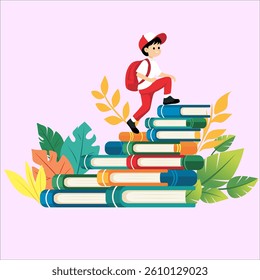 Children Climbing Knowledge Steps with Books