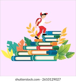 Children Climbing Knowledge Steps with Books