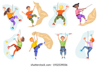 Children climbing mountain wall set. Boys and girls climbers training indoors. Vector illustration for mountaineering, extreme sport, leisure activities