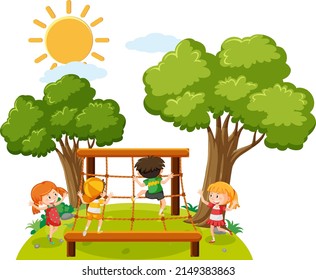 Children climbing on rope wall illustration