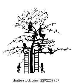 Children climbing and playing on tree with ladder in backyard vector silhouette illustration. Outdoor park activity friends play fun. Kids climbers entertainment. Boys and girls enjoying after school.