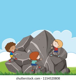 Children climbing up rock scene illustration