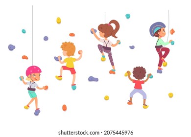 Children Climbing Rock Wall Vector Illustration. Cartoon Active Boy Girl Climber Characters Bouldering, Active Child Training With Woman Trainer Indoor In Gym, Extreme Sport Activity Isolated On White